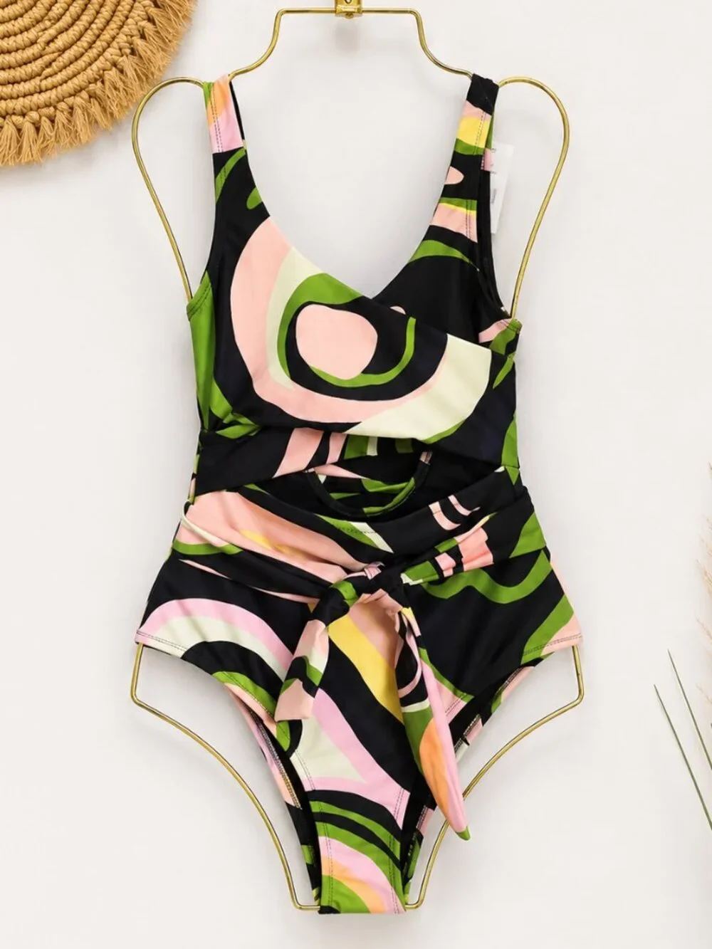 Revolve Hutch NEW Marco Wrap One Piece Swimsuit Green Abstract Swirl SZ XS Beach
